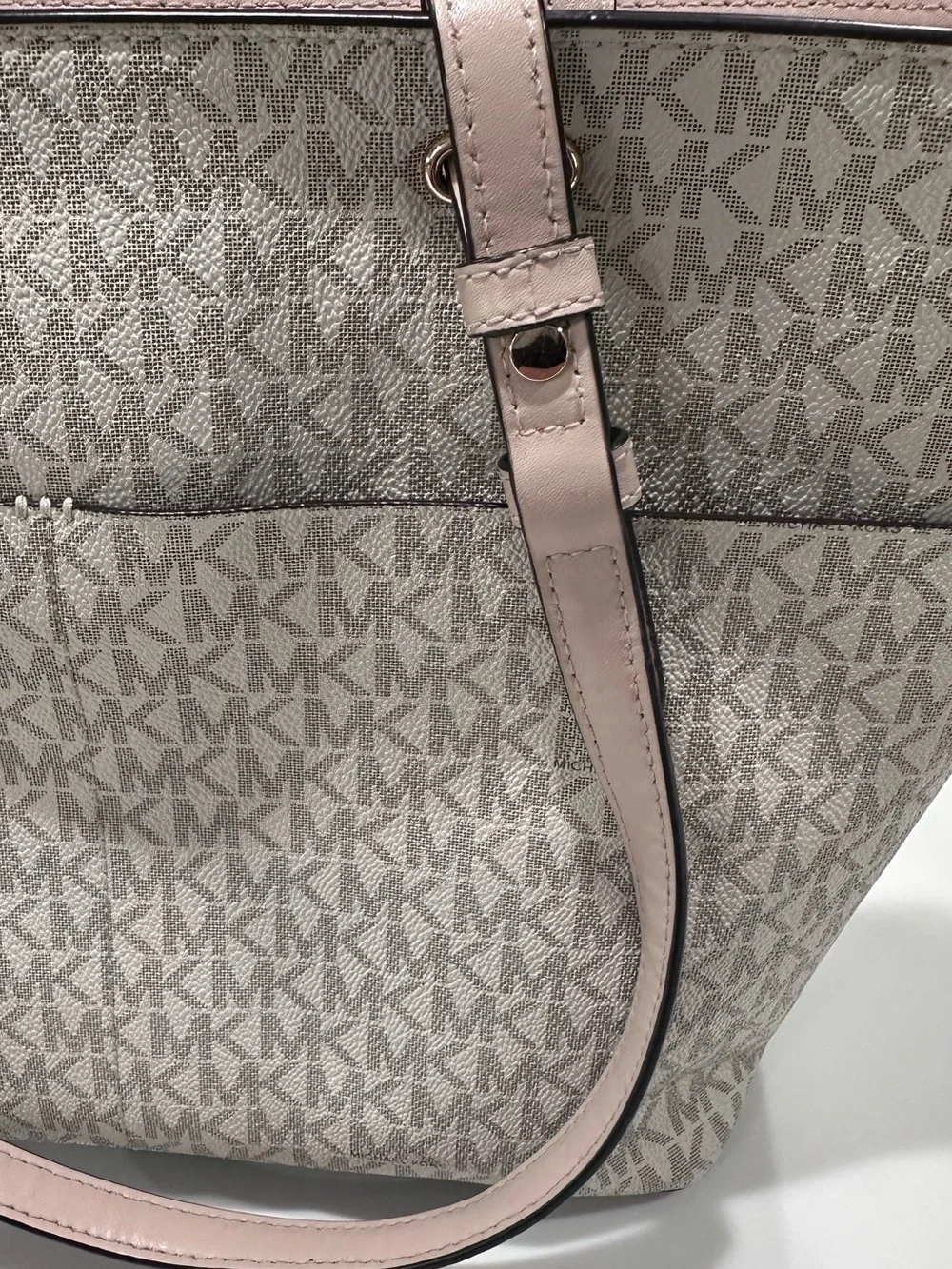 Michael Kors Light Beige Signature MK Pocket Tote with Pink Trim